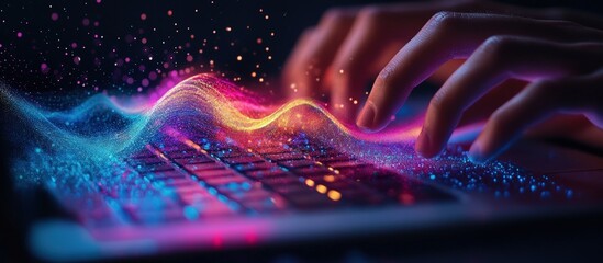 Colorful digital keyboard with hands typing, abstract wave patterns