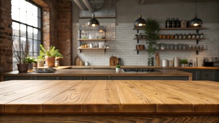 Obraz premium Hyper-realistic spring tabletop scene, golden teak wood front-facing mockup, blurred industrial chic kitchen background