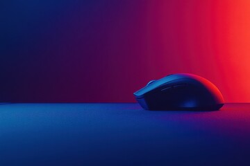 Close-up of a sleek computer mouse on a minimalist desk with dynamic red and blue gradient background, perfect for tech and gaming-themed visuals or advertisements.