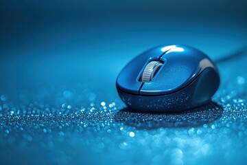 Close-up of a sleek, modern computer mouse resting on a glossy surface with intricate details and reflections, showcasing technology and digital connectivity in a vibrant blue hue.