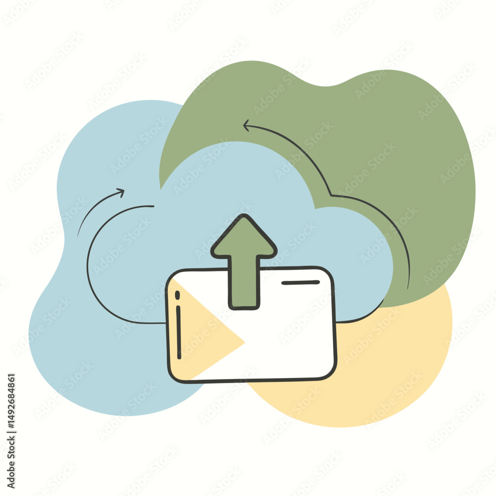 Poster cloud upload icon illustrating data transfer process with abstract geometric shapes