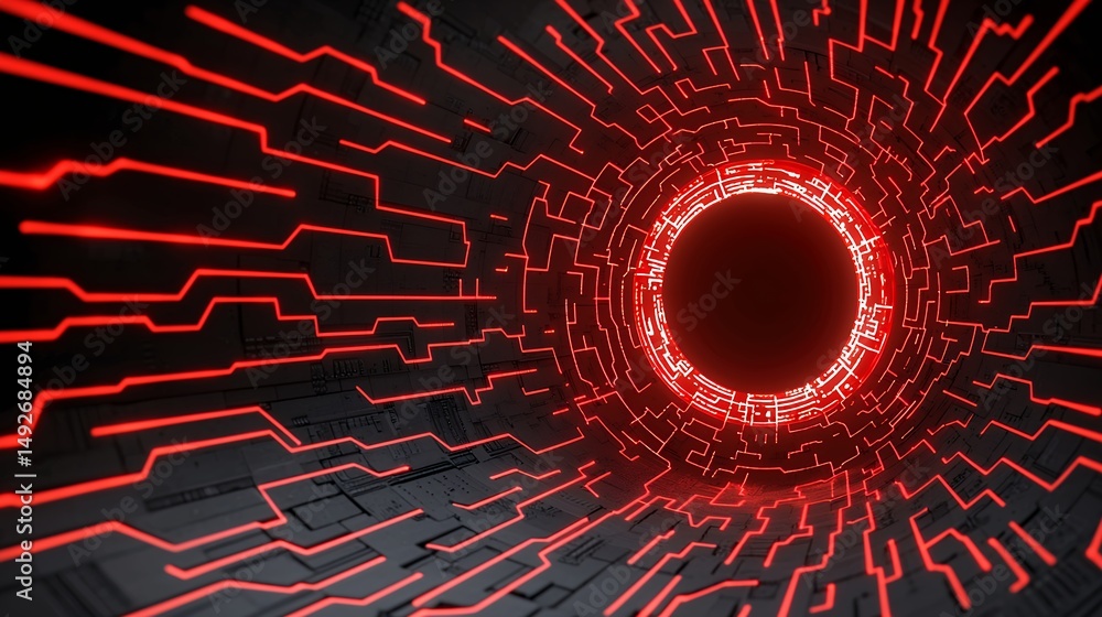 Aufkleber glowing red circuit board tunnel abstract 3d render