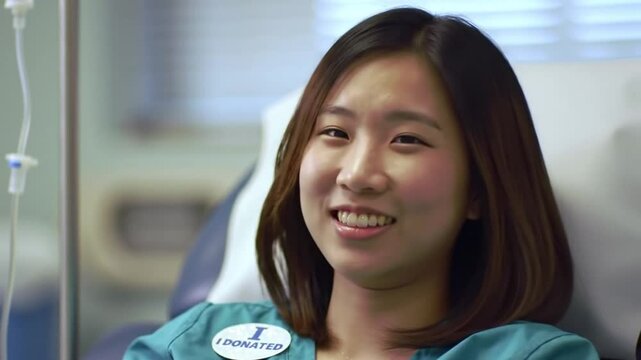 Close Up of Smiling Asian Woman in Medical Gown with Donation Sticker at Clinic