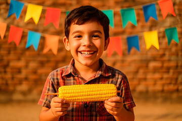 Smiling Boy Holding Corn at Junina Festival