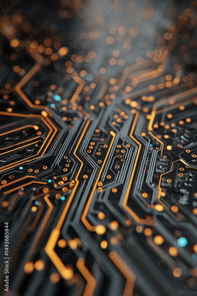 Poster abstract glowing circuit board close up macro shot technology concept artificial intelligence neural