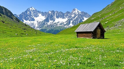 Fototapeta premium Secluded Wooden Cabin in Vibrant Alpine Meadow with Snow Capped Mountains
