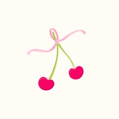 Two Cherries Tied with a Pink Ribbon, a Sweet and Simple Image, Perfect for a Delightful Visual.