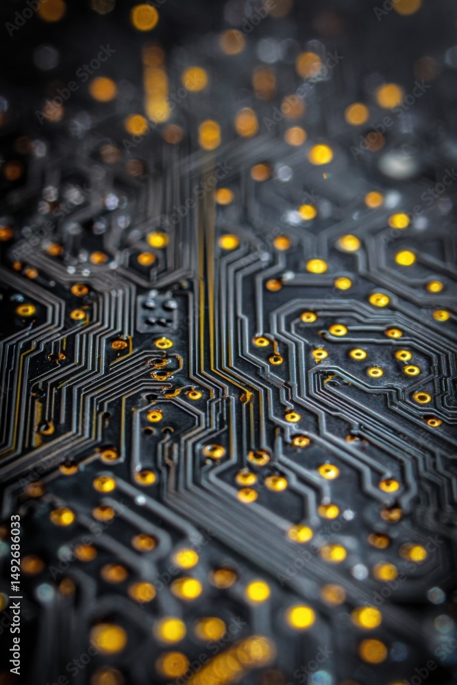 Poster close-up of circuit board showing interconnected pathways and golden contact points technology and i