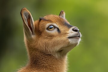 Close-Up of Adorable Baby Goat with Soft Fur and Curious Expression Against a Blurred Green Background in a Natural Setting