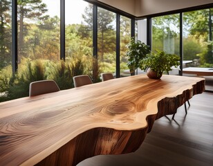 Fototapeta premium a large rustic wooden table with an irregular shape and live edge sits in a modern room with large windows and potted plants