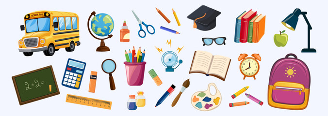 Back to school. Set of school supplies. Vector design with stationery items. Back to school, college, study concept. Isolated background
