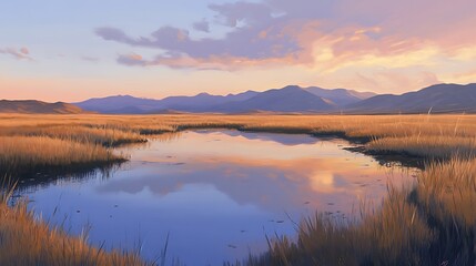 Golden sunset over still water meadow