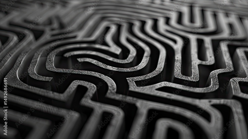 Poster abstract maze pattern in monochrome. intricate lines create a complex design