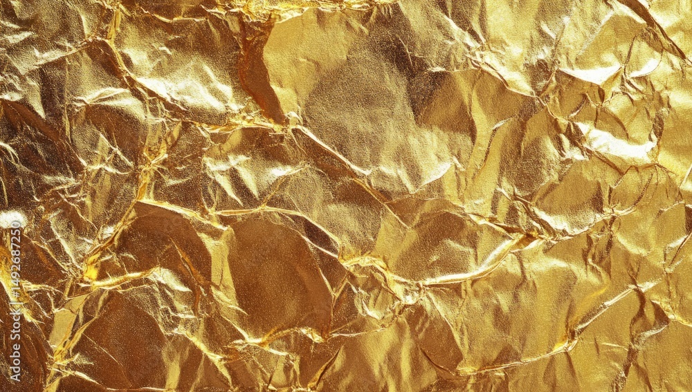 Poster a close-up view of crumpled golden foil. showcasing its intricate texture and reflective surface. su