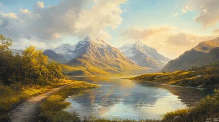 Serene autumn landscape with lake reflecting majestic snow-capped mountains under a partly cloudy sunset sky.