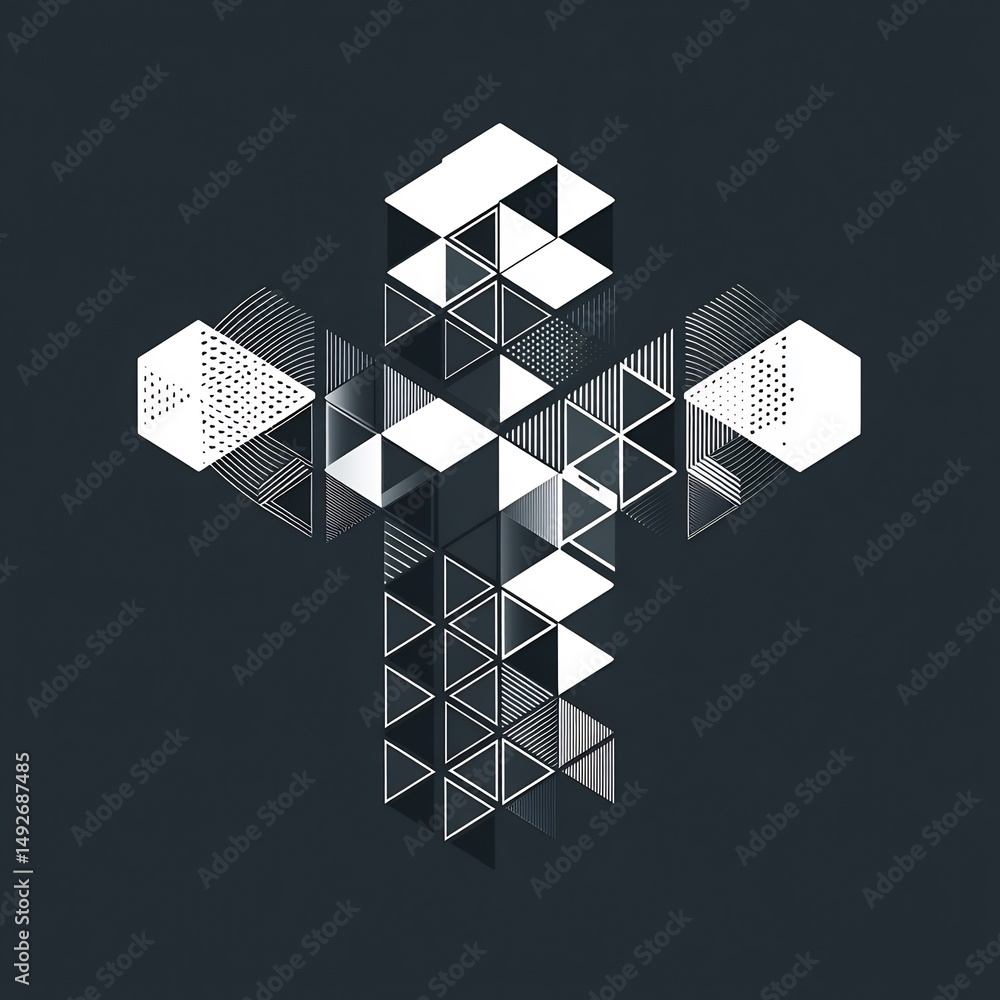 Poster geometric abstraction forming cruciform design with interplay of light and shadow