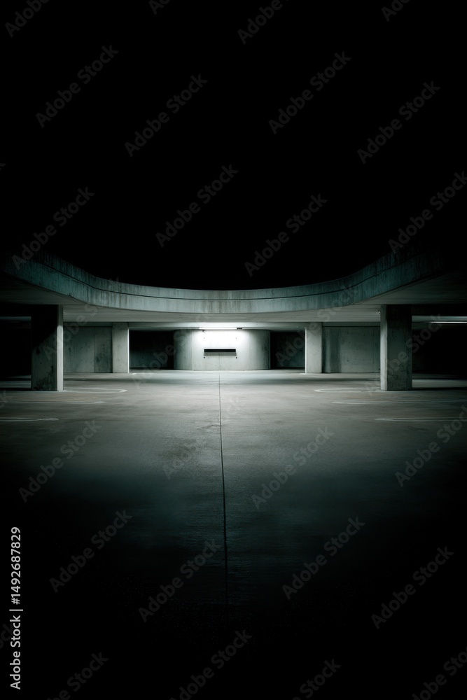 Poster empty parking garage at night perspective shot of concrete structure with dark shadows and single li