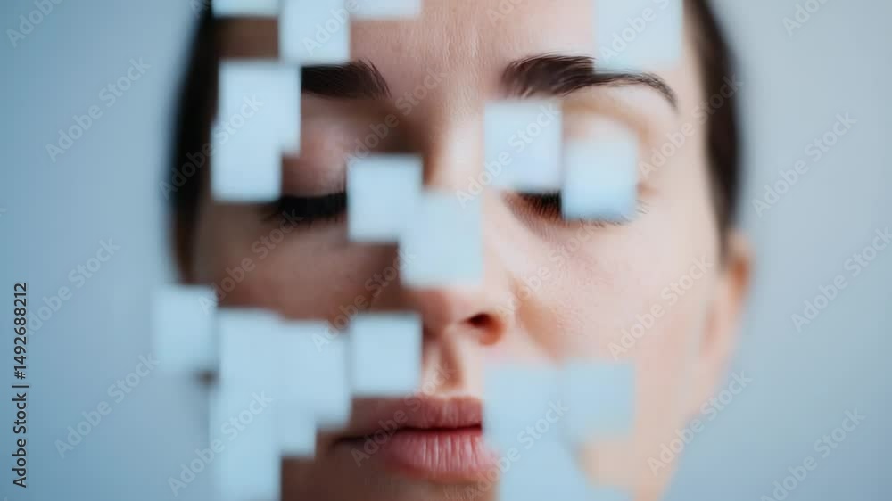 Poster exploring the interplay of technology and human expression through fragmented visuals and close-up p