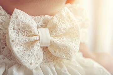 Close-Up of Delicate Lace Bow Attached to a Children's Dress, Capturing the Intricate Details and Softness of Baby Fashion in Natural Light