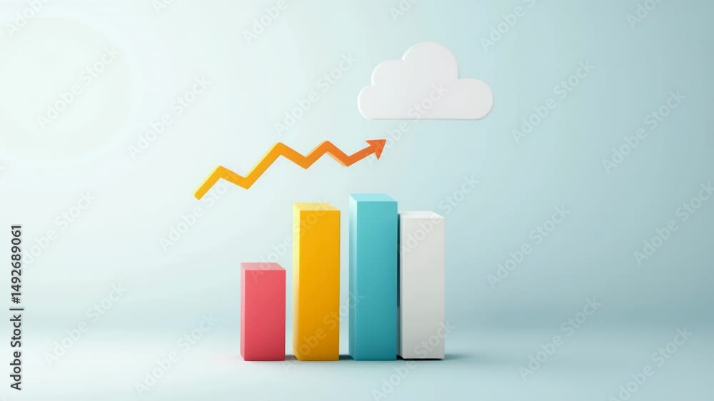 Poster colorful growth chart with arrows representing data analysis and financial success concept in a mode