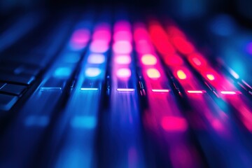 Close-up of illuminated keyboard keys showcasing vibrant neon colors in blue, pink, and purple hues, perfect for digital technology and nightlife themes