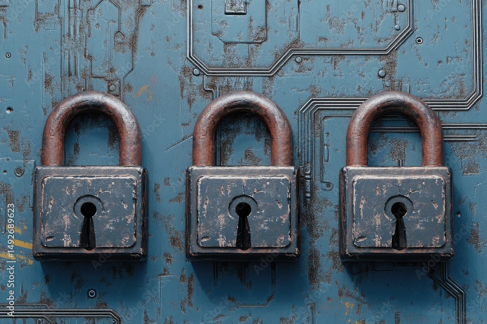 Poster four sturdy padlocks arranged on a blueprint background. showcasing security and design. with intric