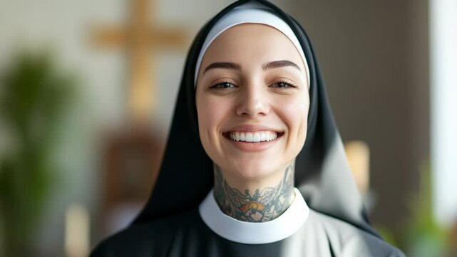 Nun with tattoos smiling warmly in a religious setting during daylight