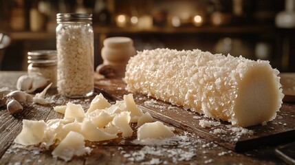 Creamy cheese log with flakes, herbs, and spices on a rustic table