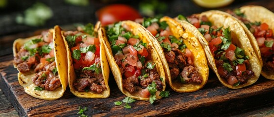 Five beef tacos on a wooden board, filled with meat, tomatoes, and herbs, creating a casual and inviting vibe with a focus on the colorful and appetizing food.