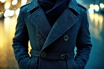Close-Up of Stylish Overcoat in Rainy Urban Setting, Highlighting Water Drops on Fabric and Warmth of Fashionable Winter Attire with Soft Background Lights