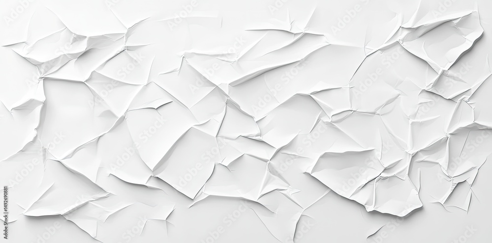 Poster a close-up view of crumpled white paper showcasing intricate textures and shadows. ideal for backgro