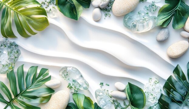A serene composition featuring lush green tropical leaves and smooth pebbles arranged on a textured sandy surface. evoking a peaceful beach atmosphere ideal for relaxation and meditation - Powered by Adobe
