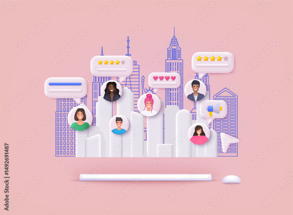 Poster people giving review and comment on a city background. feedback. vector customer review concepts. re