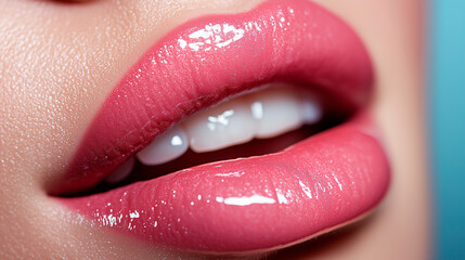Fototapeta premium Beauty foto lips with glossy bright pink lipstick, beauty and cosmetics concept 