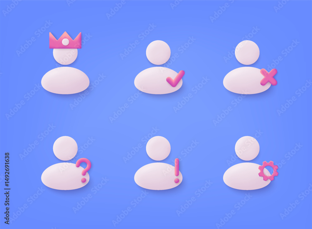 Poster set of people with like, question mark, check mark, heart. trendy and modern design in 3d style for 