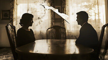 Sadness And Grief, Torn family portrait on an empty dining table estranged