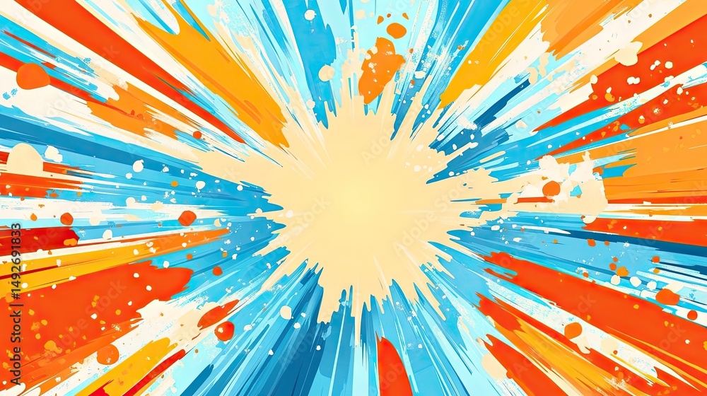 Poster a vibrant explosion of orange and blue paint splatters radiating from a central point. creating an e