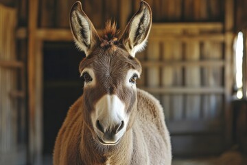 Close-Up Portrait of a Gentle Donkey with Soft Features Standing in a Rustic Barn Setting, Capturing the Warmth and Charm of Farm Animals in Natural Light