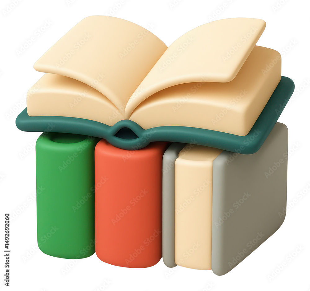 Poster open book on stack of colorful books 3d render