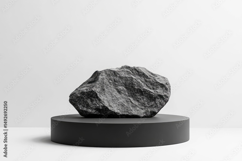 Poster a smooth. flat black stone sits on a minimalistic white background. showcasing its natural texture a