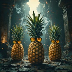 Three pineapples each adorned with sunglasses and emitting smoke, set against a backdrop of ancient architectural structures with intricate designs.