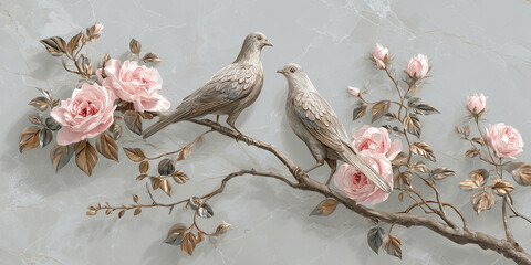 Two doves perched on a branch adorned with pink roses and bronze leaves against a marble background, symbolizing love, peace, and natural beauty, ideal for home decor