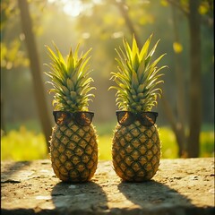 Two pineapples with sunglasses on top are standing on a surface, with a natural, blurred background featuring trees and sunlight.