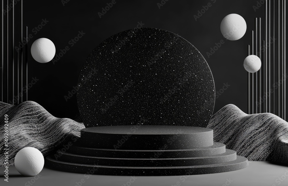 Poster a sleek. modern display featuring layered black podiums surrounded by shiny golden spheres. creating