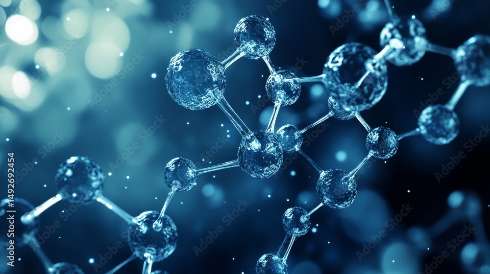 Poster 3d molecular structure with connected spherical particles and atoms representing scientific backgrou