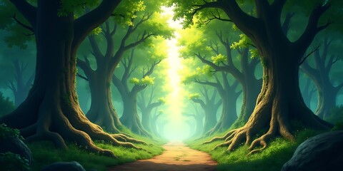 Enchanted Forest Path Bathed in Light