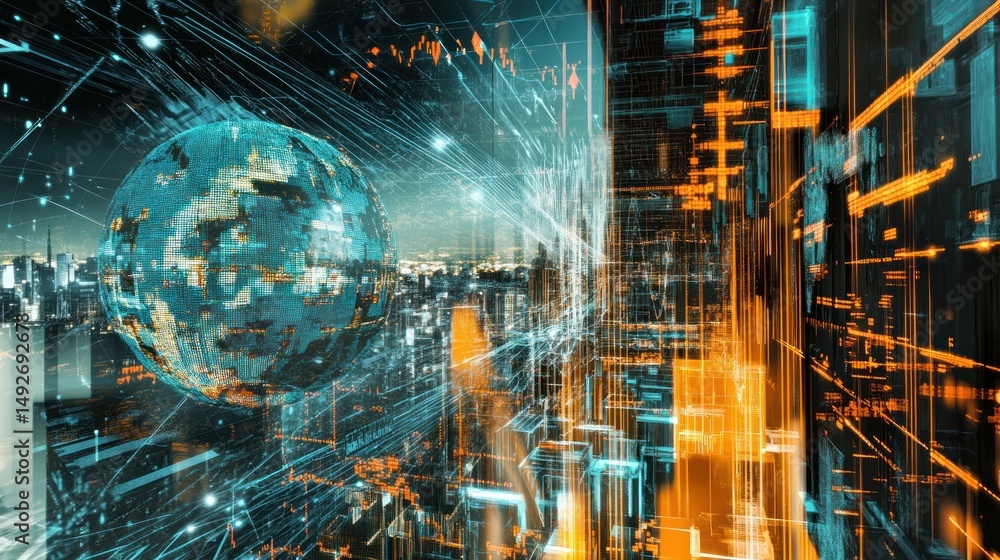 Poster global network: a futuristic cityscape of interconnected data