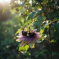 A close-up image of a purple passionflower in full bloom with its large petals and a pair of dark sunglasses resting on top of the flower, surrounded by lush green foliage.