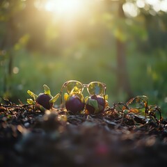 The image features a pair of sunglasses resting on a bed of small, purple objects, which are presumably plant seedlings, with a soft, blurred natural background suggesting a garden or park setting.