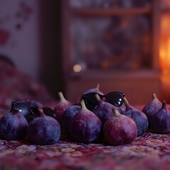 The image features a collection of purple figs arranged on a surface, with a pair of black sunglasses casually placed among them, all bathed in a soft, out-of-focus light.
